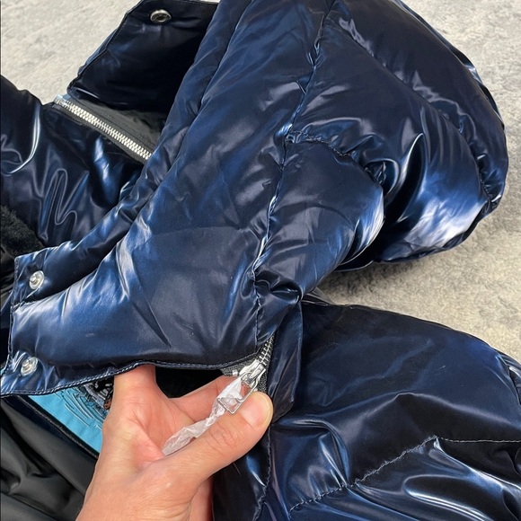 New Woodpecker Penguin Long Coat Puffer Jacket All Wet Navy Metallic Quilt Sz S - Picture 15 of 16